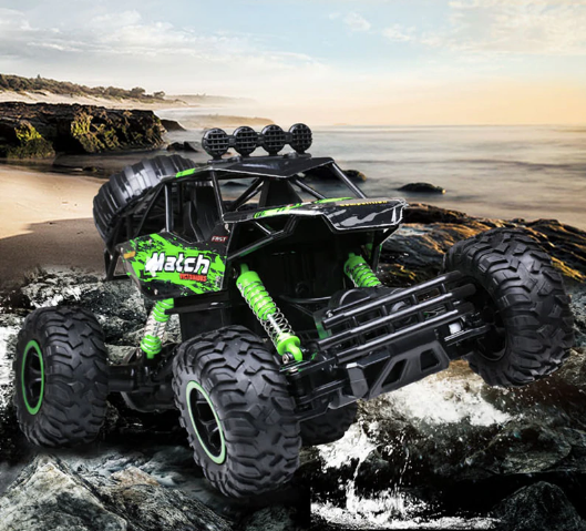 Close-up of the 4x4 remote control toy truck monster truck suspension