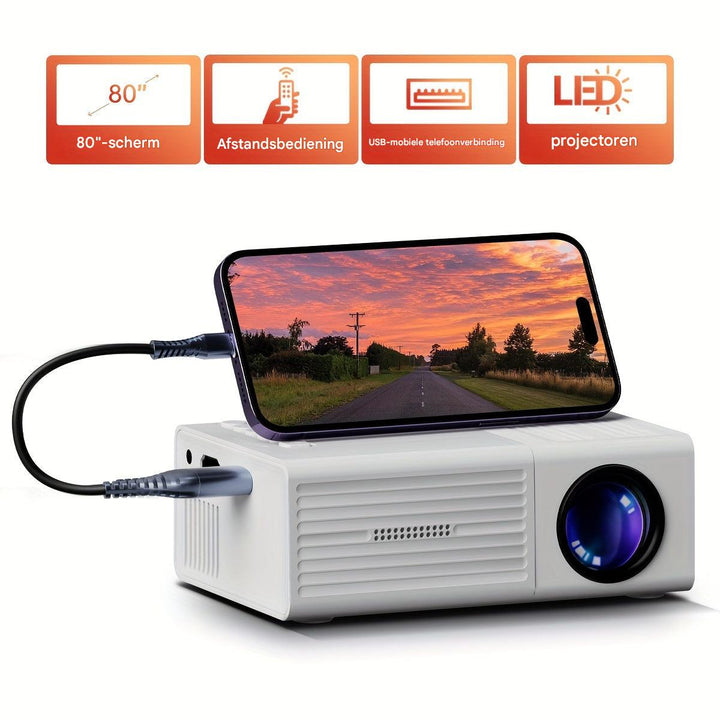 Mini projector showing projection features like remote control and USB connection