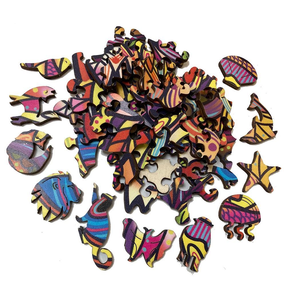 Close-up view of intricate wooden puzzle pieces forming a majestic lion head