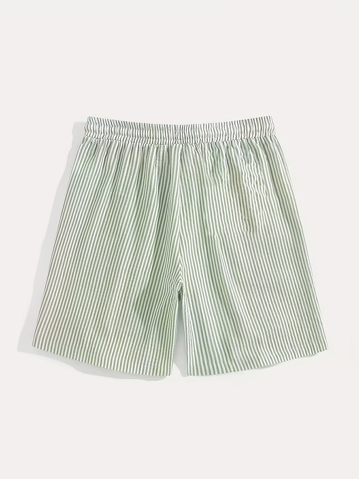 Flat lay of mens fashion striped shorts with adjustable drawstring waist