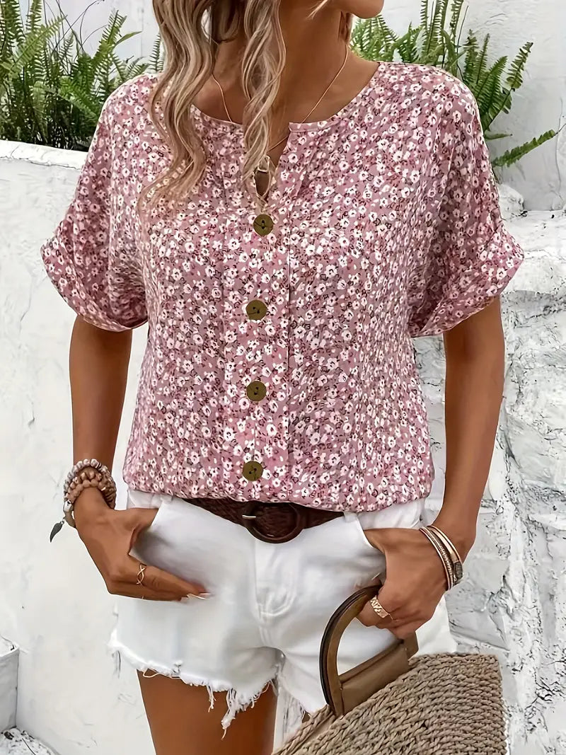 Women's pink floral print button blouse, a casual summer shirt with relaxed fit
