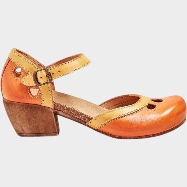 Women's orange and yellow vintage block heel sandal side profile