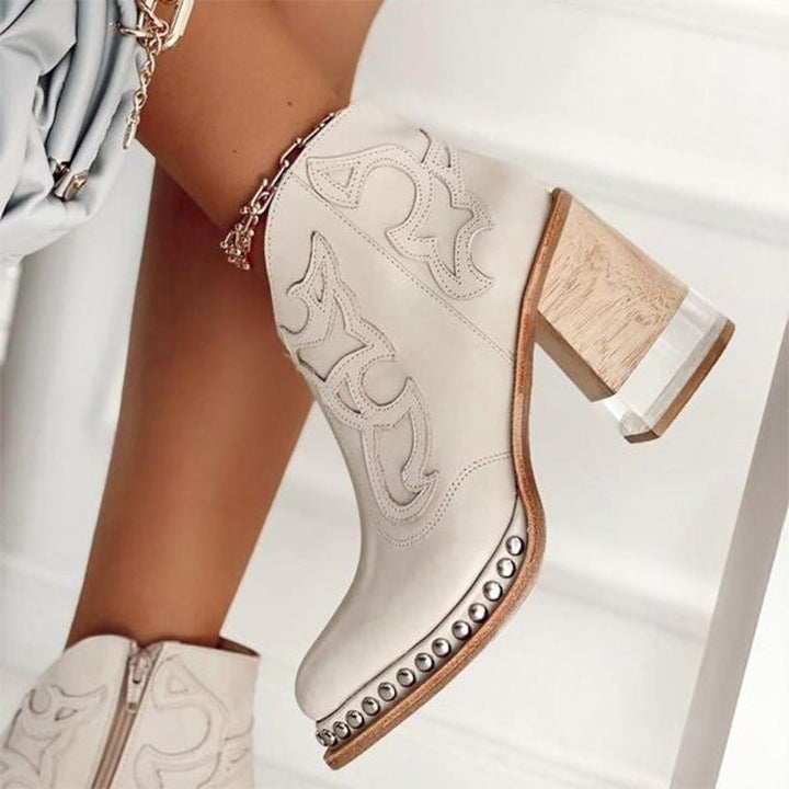 Womens western cowboy ankle boots in brown with stylish side cut-outs and block heel
