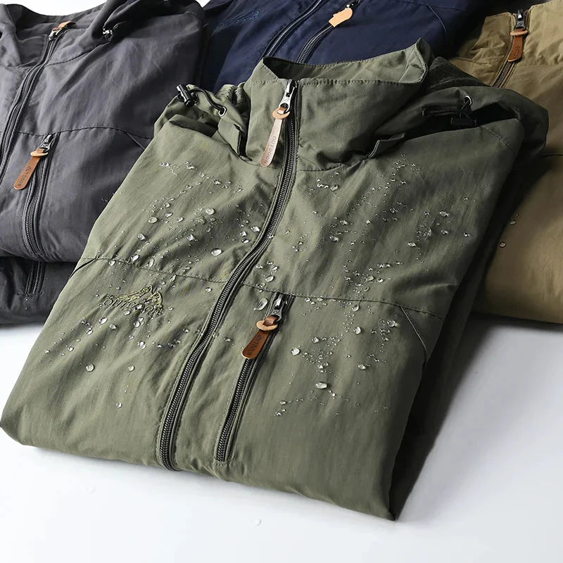 Mens lightweight waterproof windbreaker jacket front view in outdoor wear style