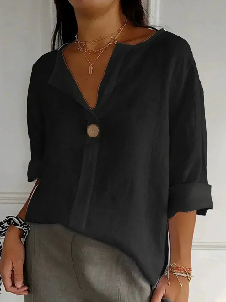 Close-up view of the V-neckline on a comfortable women's top
