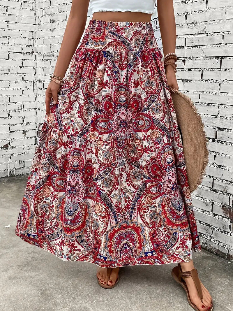 Woman wearing a floral chiffon circle skirt with a sun hat