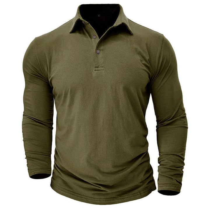 Men's olive long-sleeve polo shirt front view
