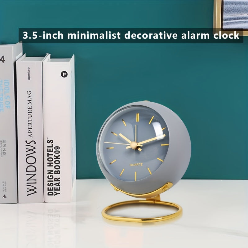 Grey minimalist desk clock displayed on a shelf next to books