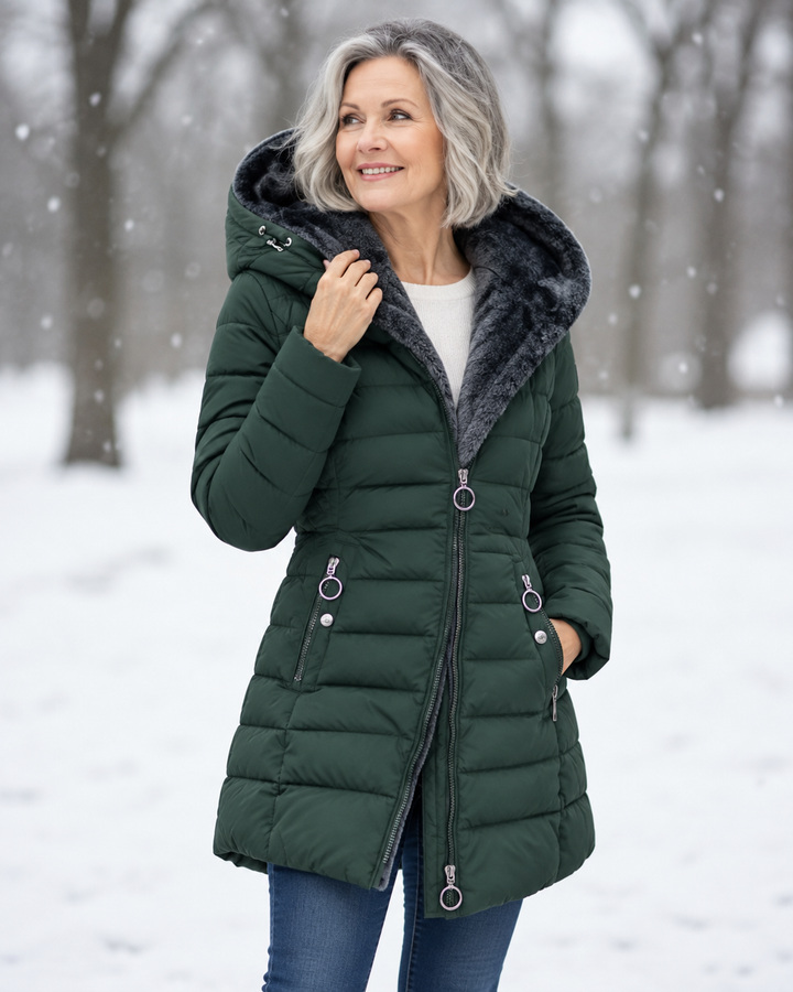 Women's warm quilted winter coat with hood in a stylish daily wear view