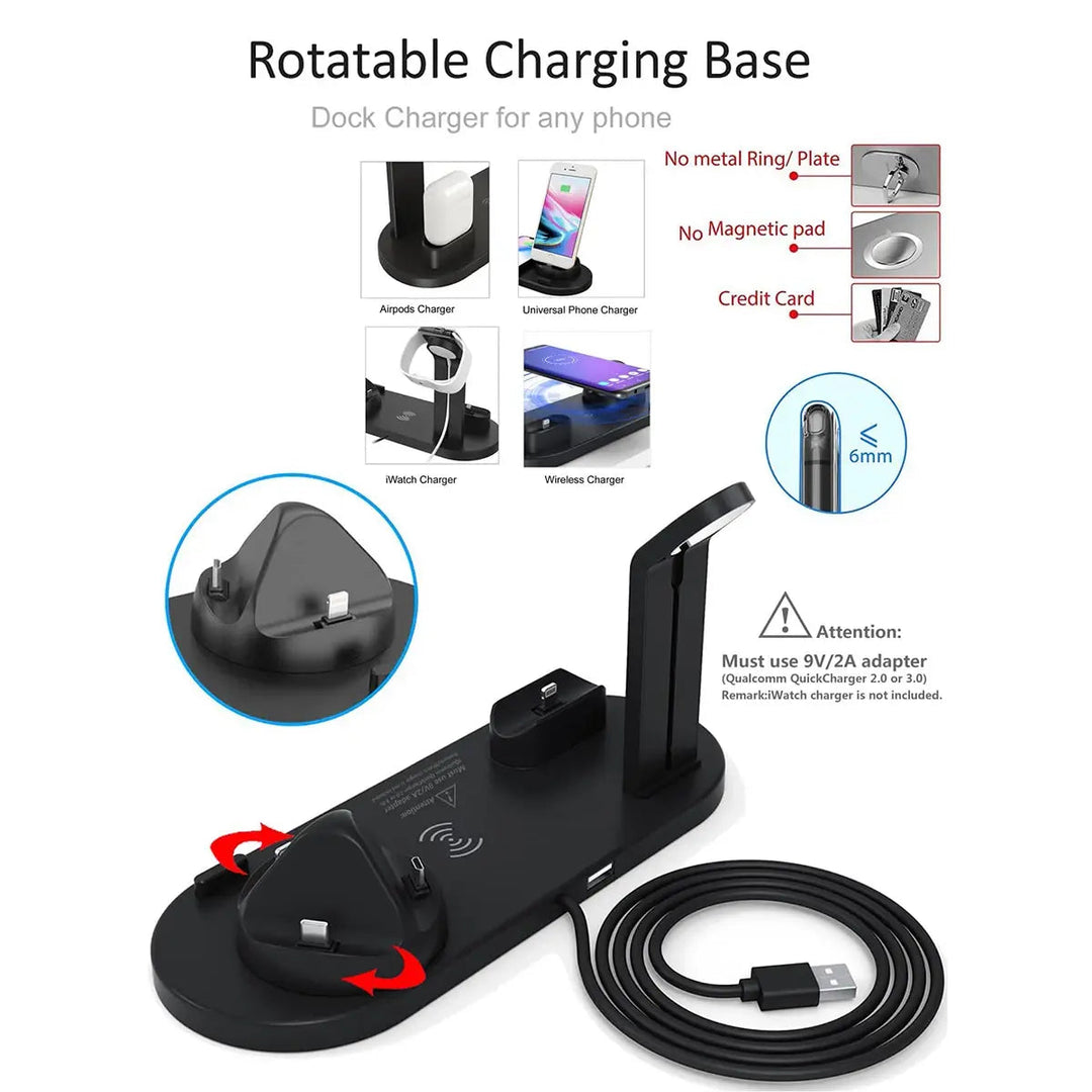Rotatable black wireless charger layout showing various device slots and USB cable