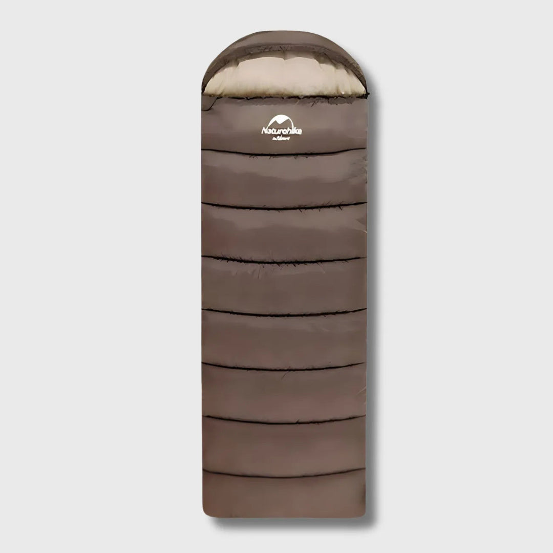 Brown 4-season sleeping bag flat lay showing overall design