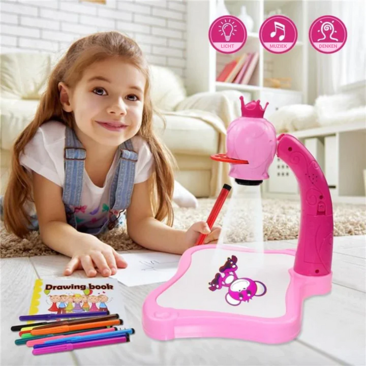 Young girl drawing and tracing with the pink ArtMaster Projector Board setup