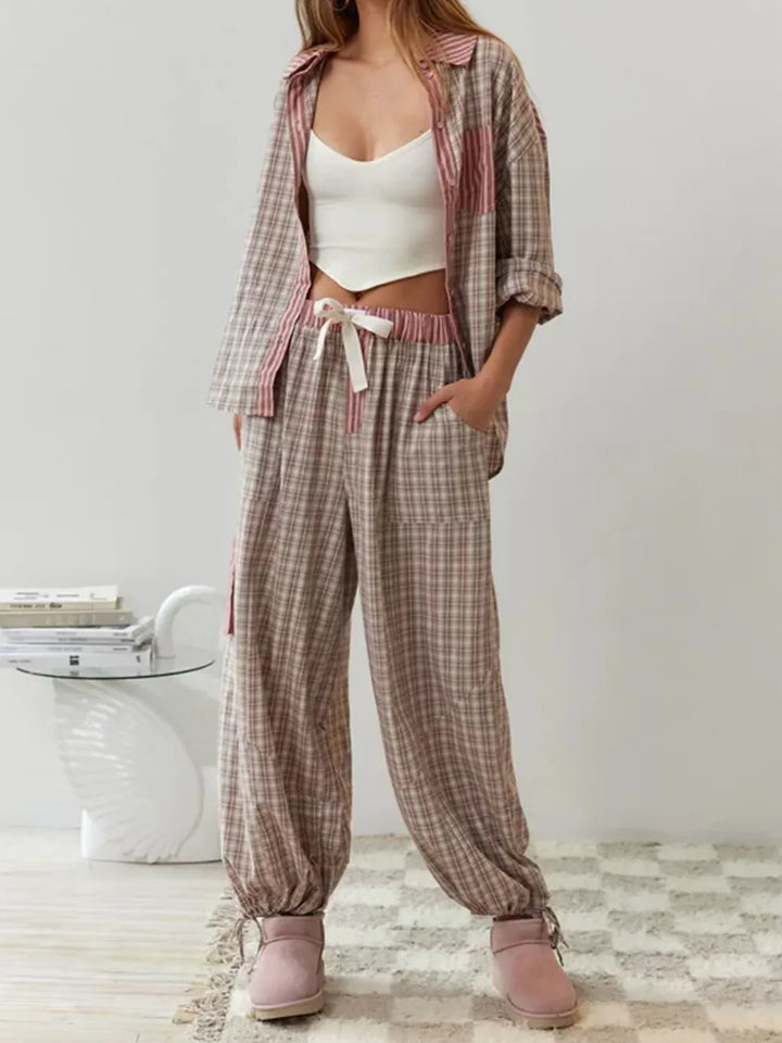 Womens comfortable pajama set bottom pants showcasing classic plaid loungewear style