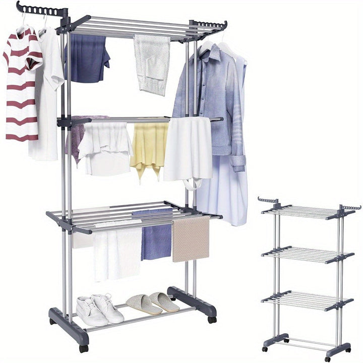 3-tier vertical laundry drying rack loaded with clothes and shoes