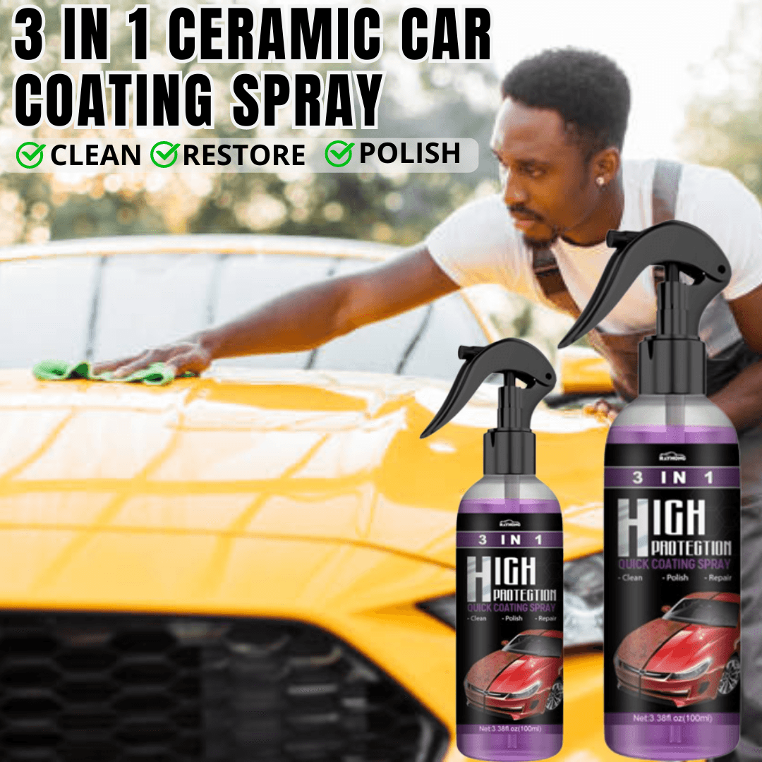 Man applying 3 in 1 ceramic car coating spray on a yellow vehicle hood