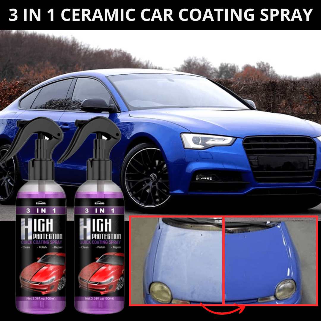 Blue car parked outdoors showcasing clean surface after spray treatment