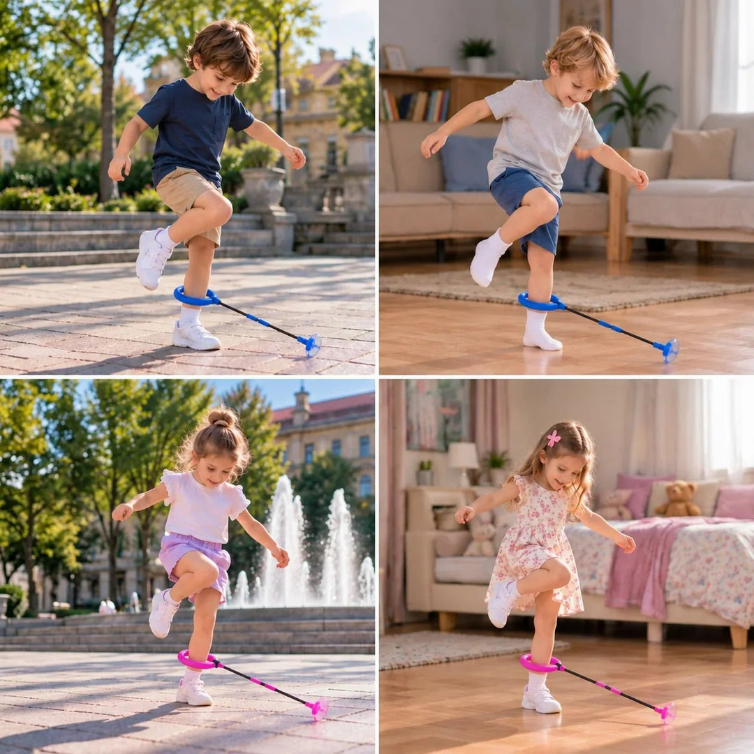 Collage showing children using both blue and pink LED skip balls in various settings.
