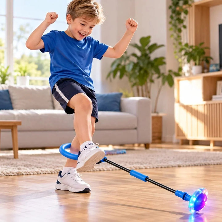 A young boy smiling while playing with a blue LED skip ball indoors.
