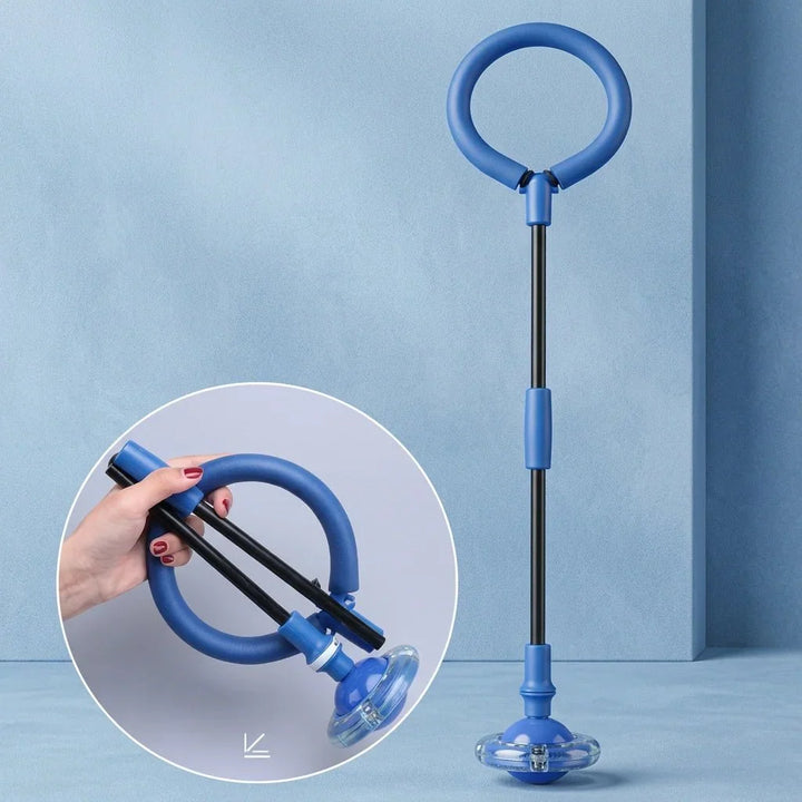 Studio view of the blue LED skip ball showing its foldable design.