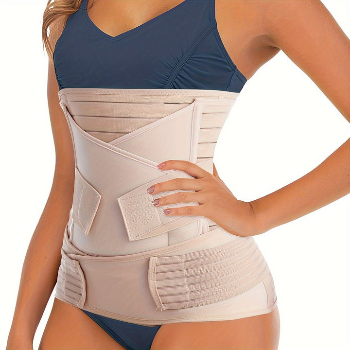 Beige postpartum recovery support belt worn around waist