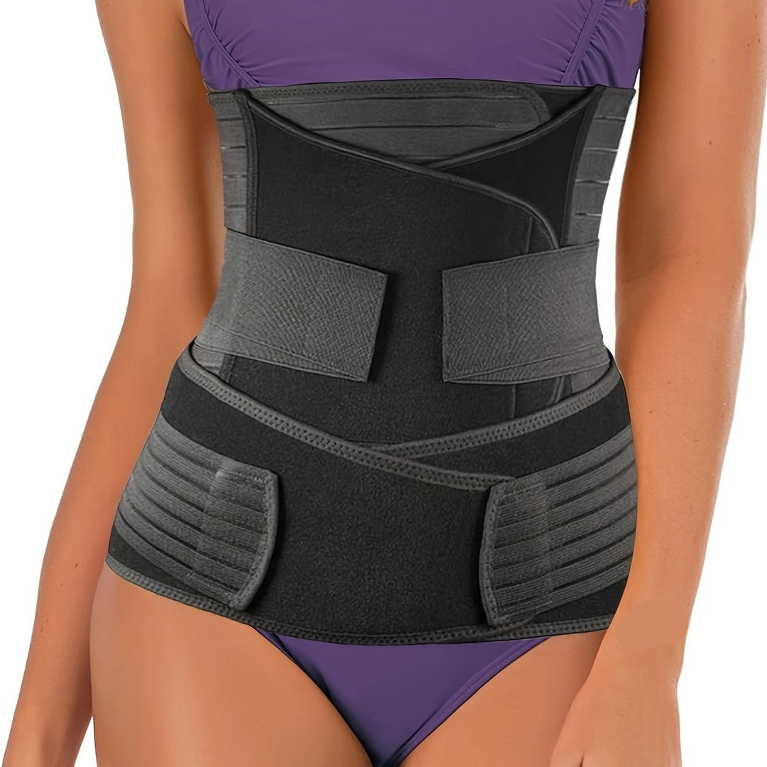 Black 3-in-1 postpartum belly band worn by woman showing abdominal support