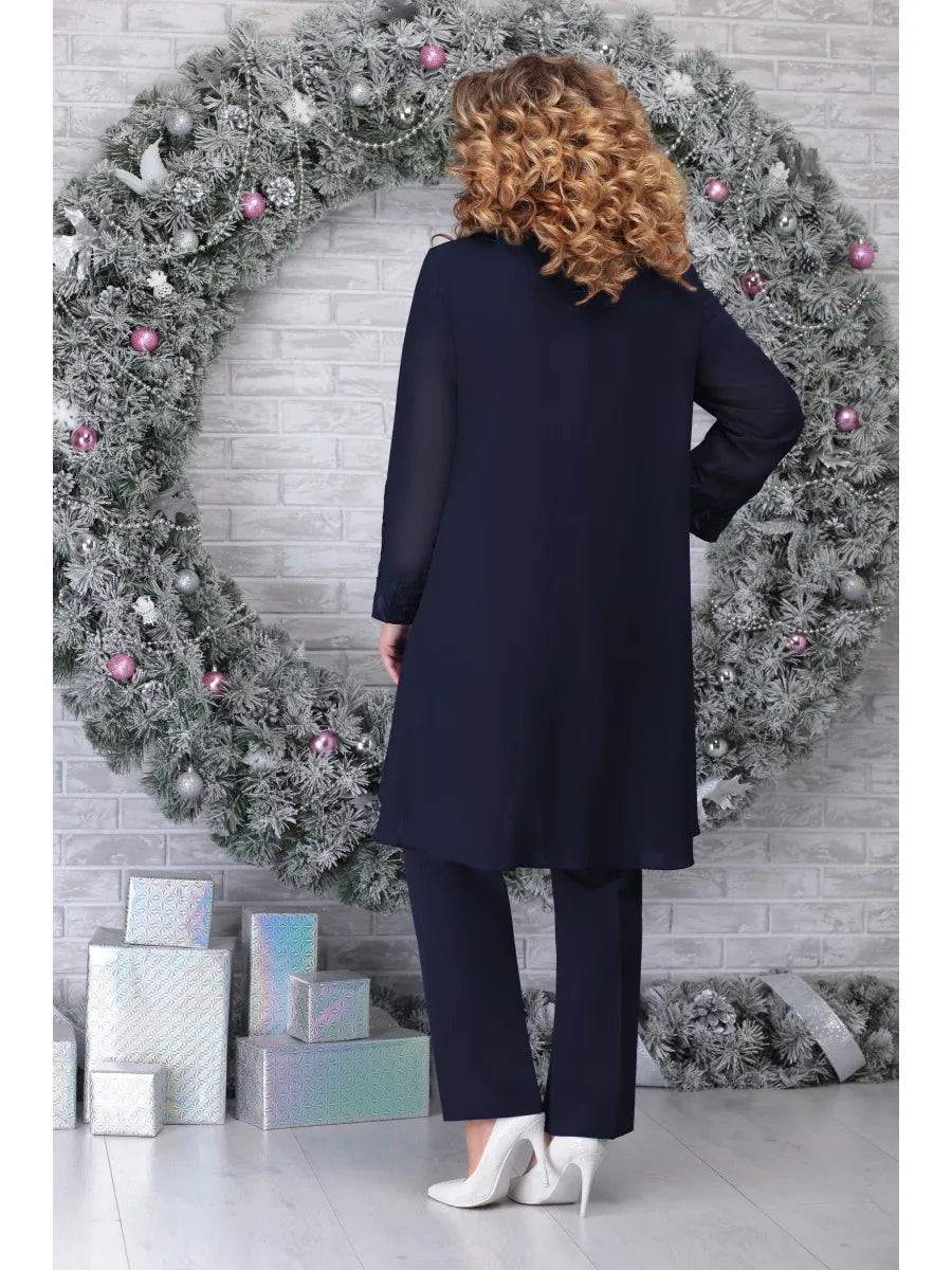 Side profile of the stylish plus-size suit highlighting the flattering cut and design