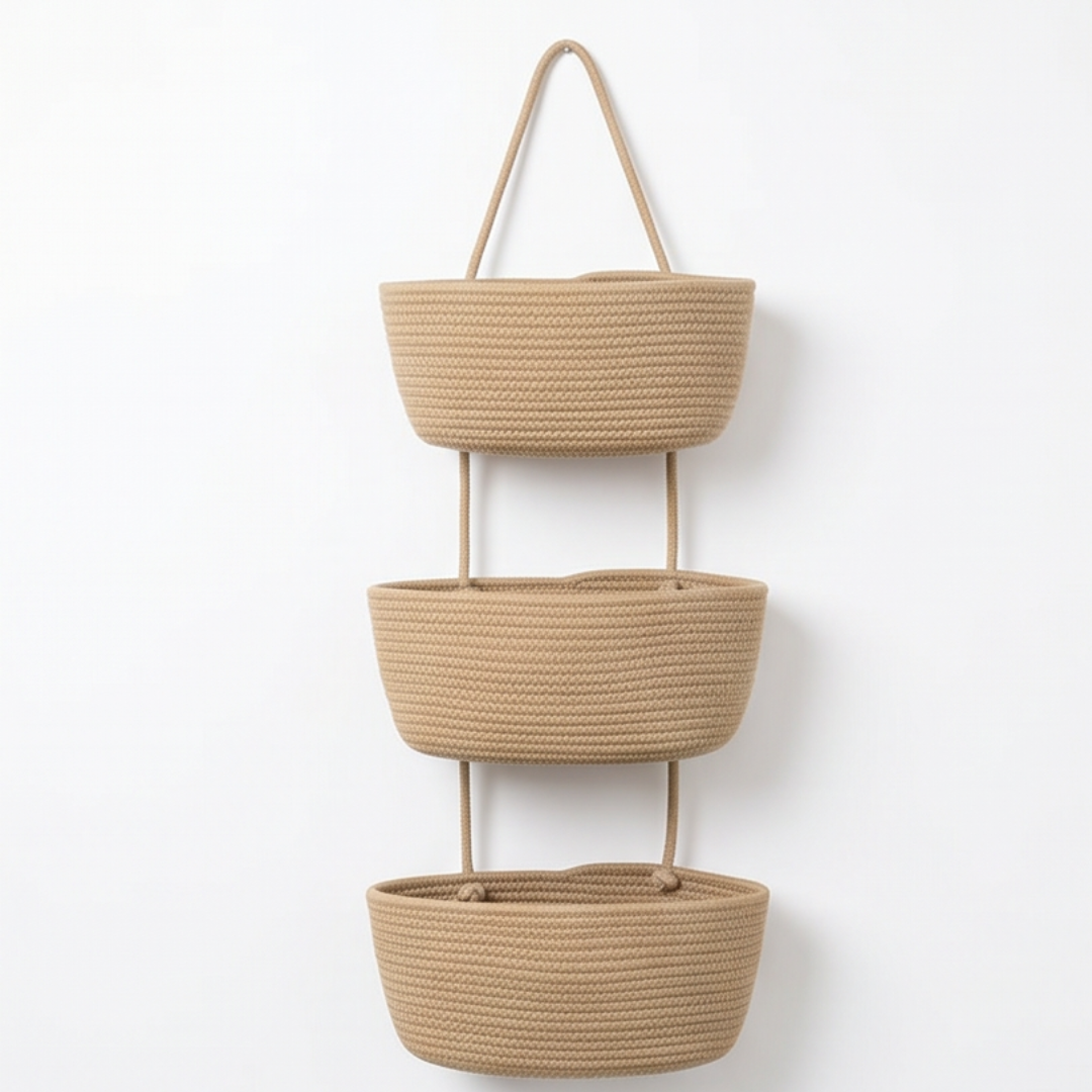 Natural Beige 3-tier hanging basket displayed against a neutral white wall