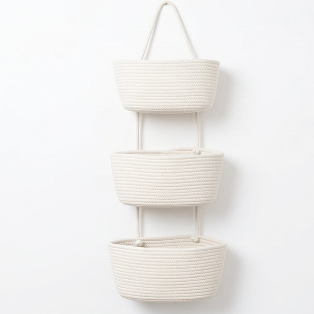 Ivory White 3-tier hanging basket shown hanging vertically indoors