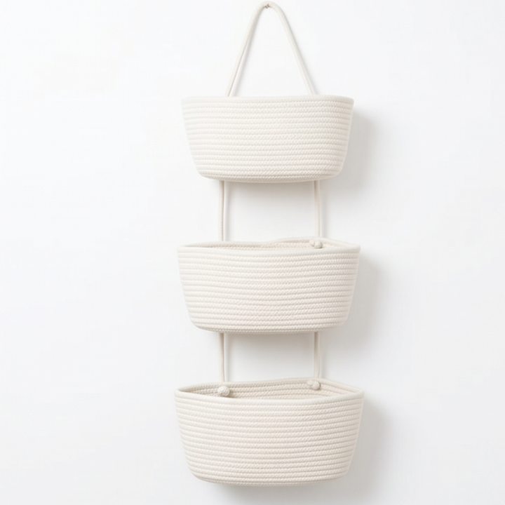 Ivory White 3-tier hanging basket shown hanging vertically indoors
