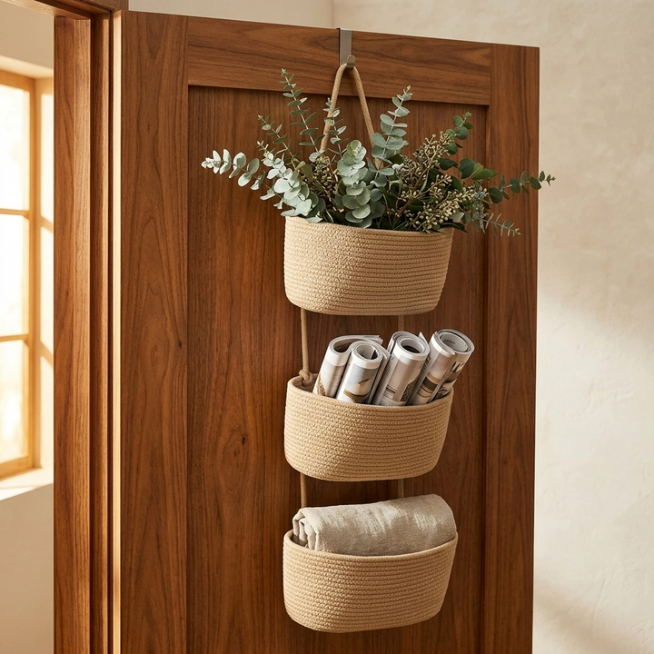 Natural Beige 3-tier hanging basket mounted on a wooden door holding plants, magazines, and towels