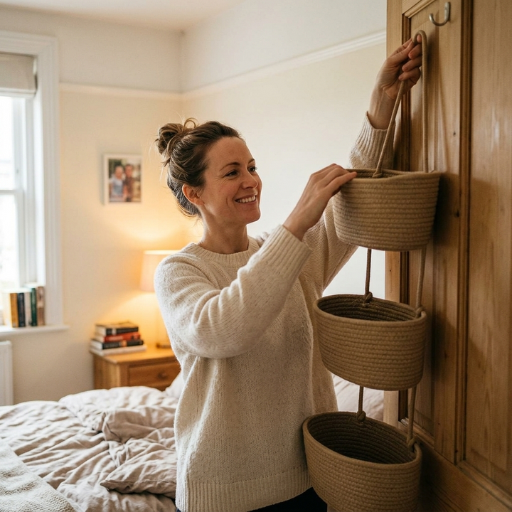 3-tier hanging basket organizer mounted on a door for space saving