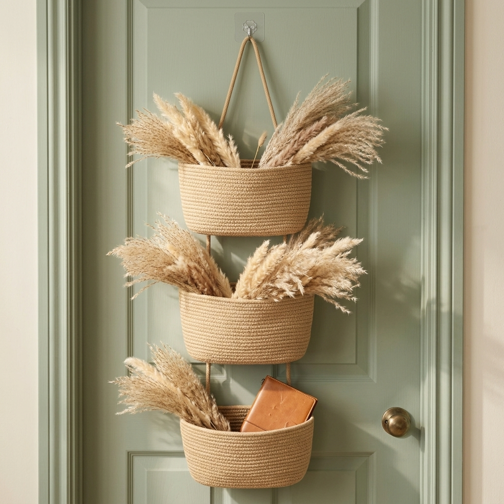 Vertical storage organizer holding accessories in a stylish entryway