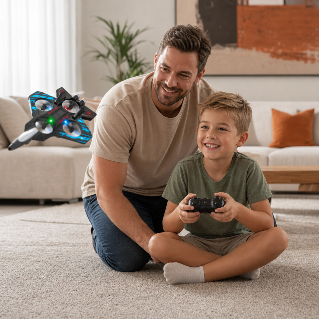 Father and son playing with blue LED foam RC fighter jet drone indoors