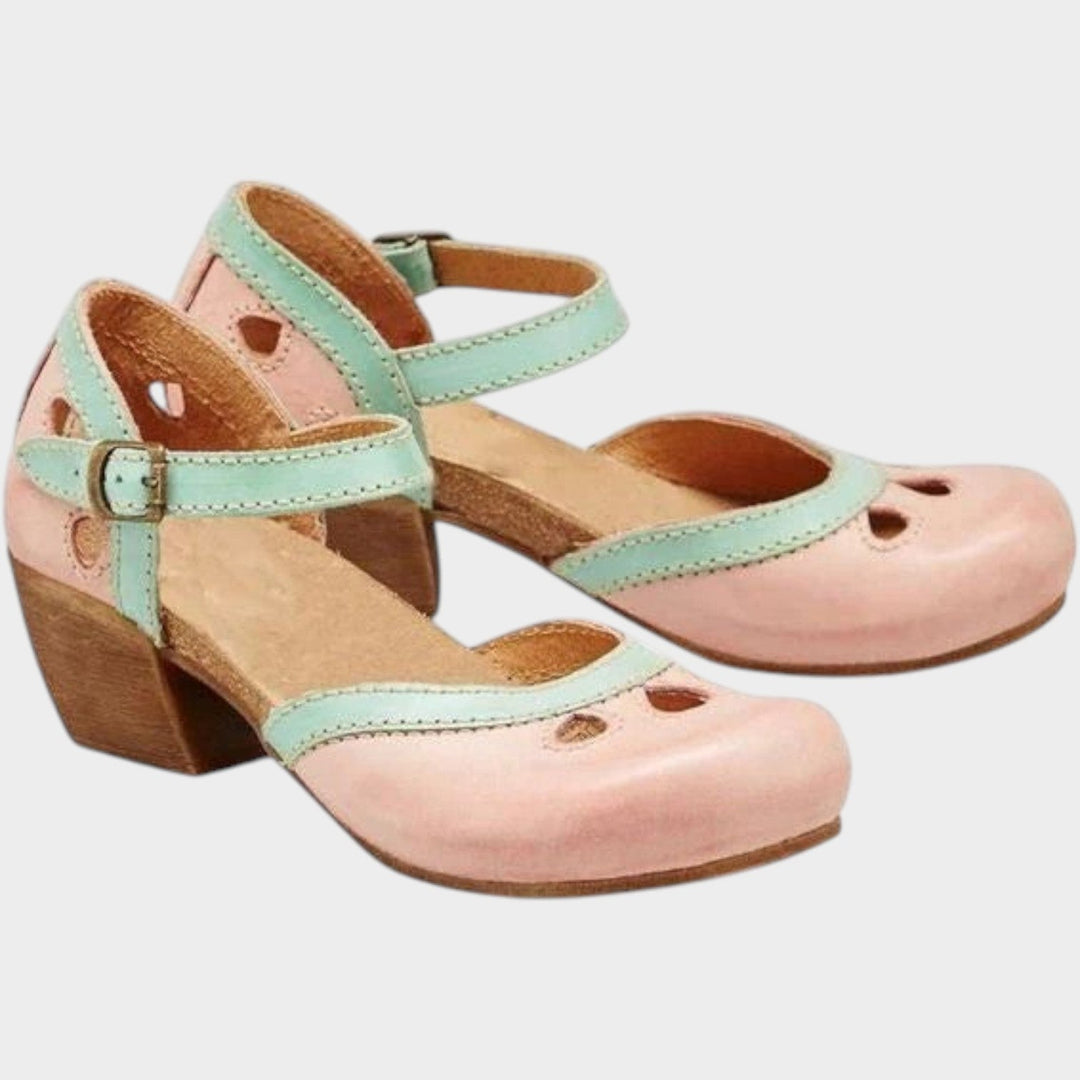 Back view of comfortable block heel sandals for women showing sturdy heel design