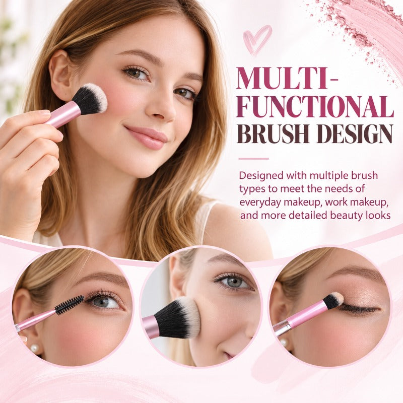 Compact cosmetic bag containing a complete 10-piece mini brush set