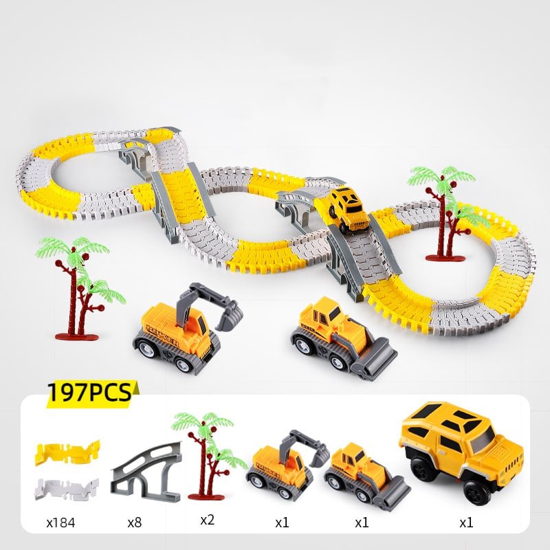 Dinosaur themed toy car accessories included with the flexible race track