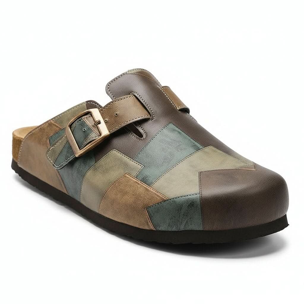 Side angle view of women's artisan style patchwork clogs in khaki and brown