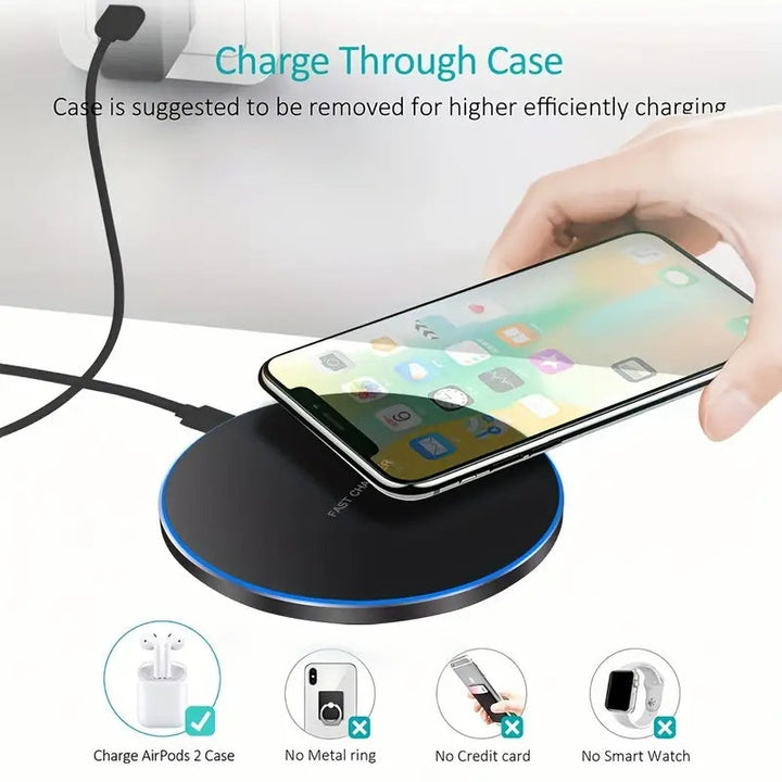 Hand placing a smartphone on a black wireless charging pad with accessory icons below
