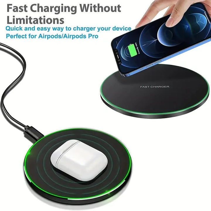 Smartphone fast wireless charging pad angled view on wooden desk