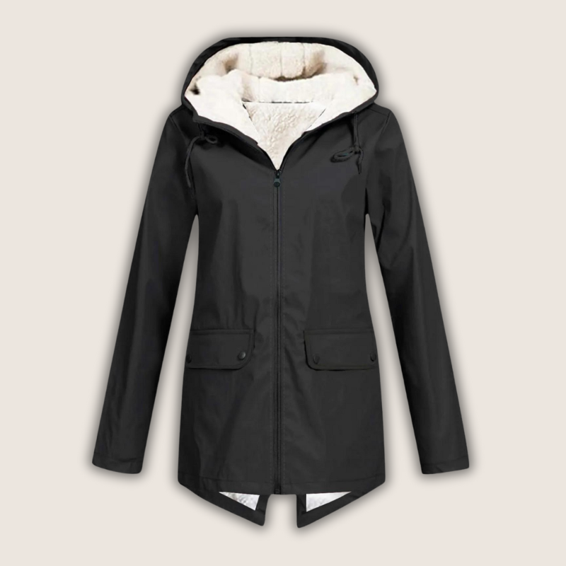Close-up detail of the waterproof zipper and taped seams on the rain coat