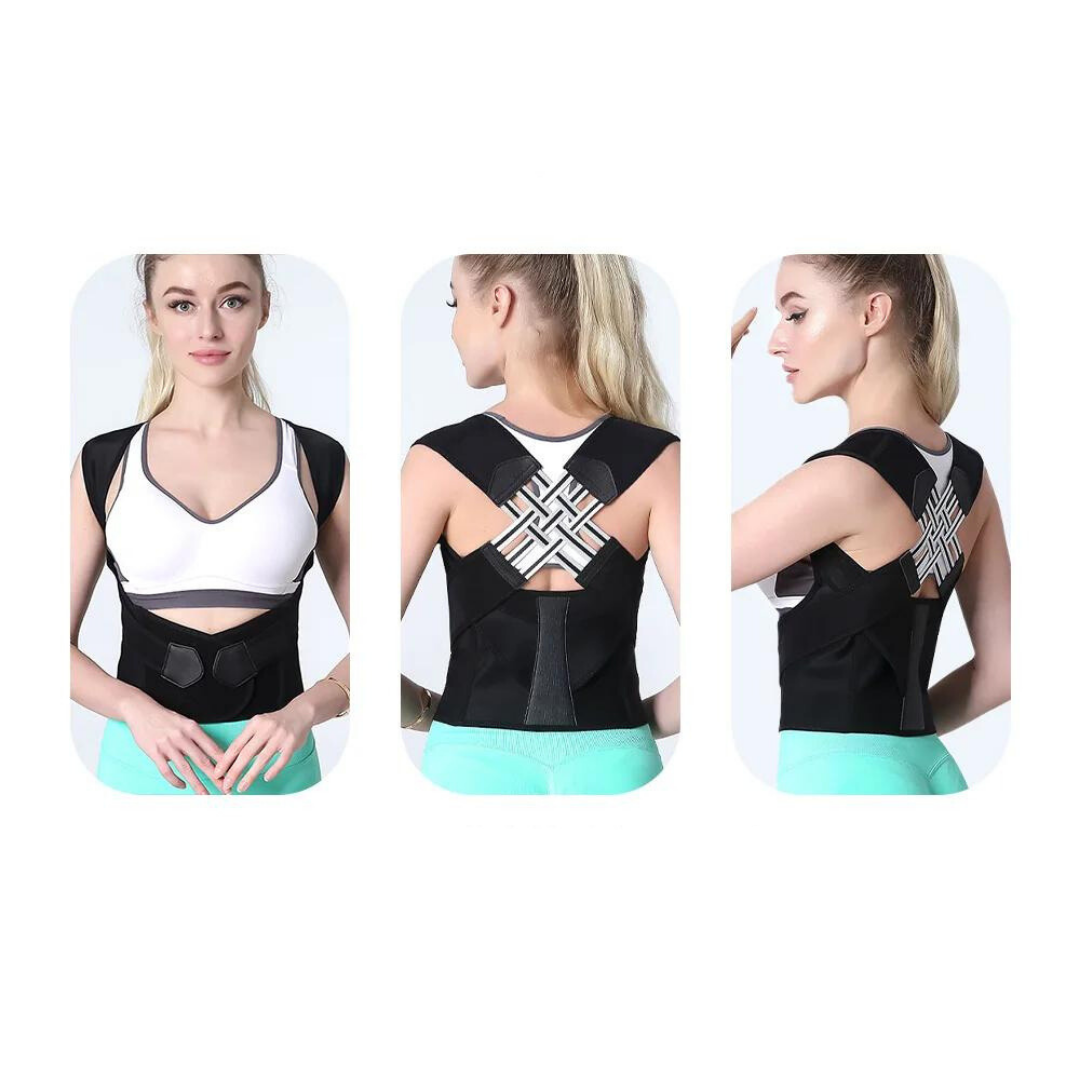Durable buckle and velcro fastening details on adjustable black posture corrector