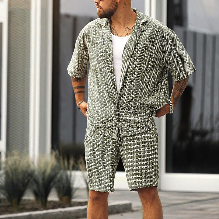 Close-up view of the men's sage green button-up summer shirt and shorts set