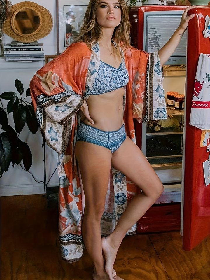 Womens floral print kimono beach cover-up showcasing boho style summer wear
