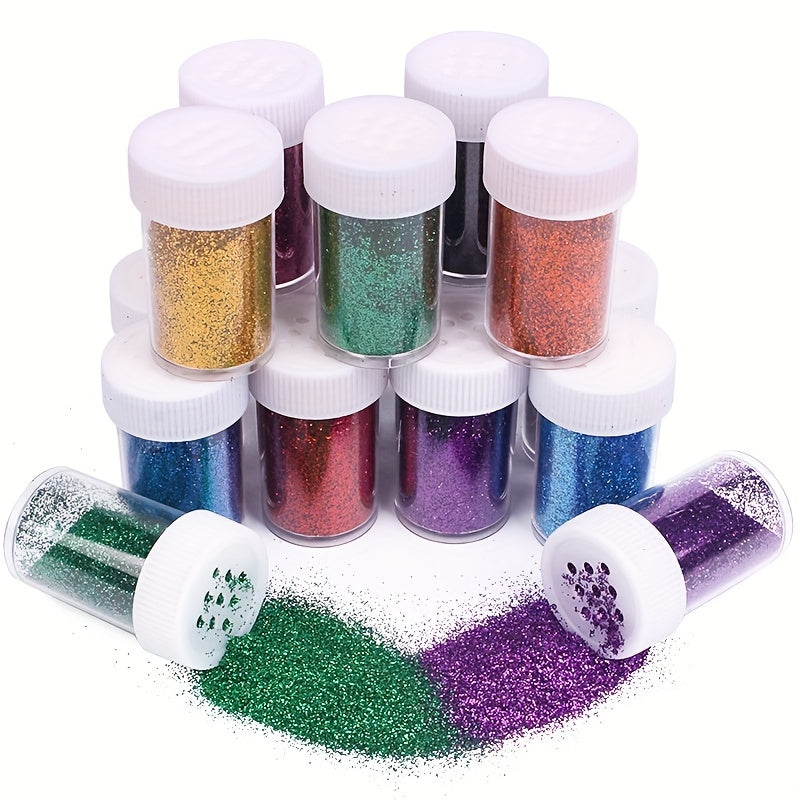 Collection of colorful glitter jars poured out for craft projects