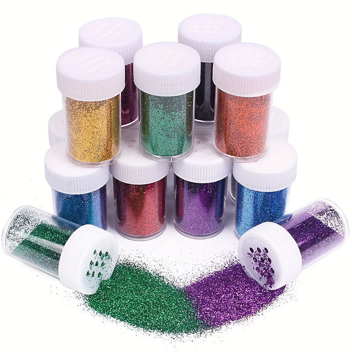 Collection of colorful glitter jars poured out for craft projects