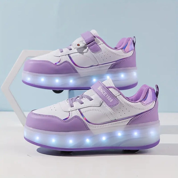 Top-down view of light-up shoes for children with secure velcro strap and laces