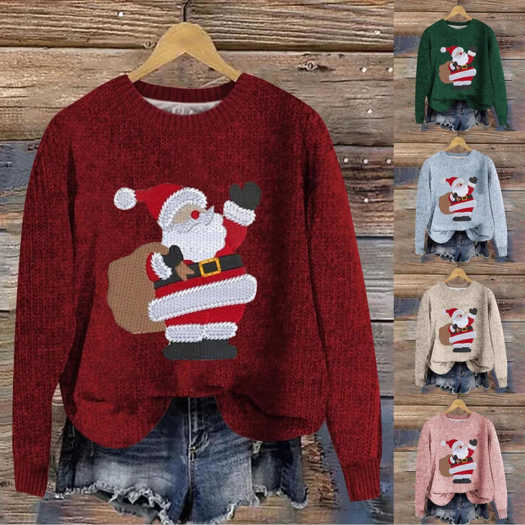 Assorted colors and designs of women's festive Christmas sweaters displayed together