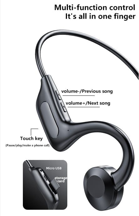 Wireless fitness headset angled to show control buttons and charging port