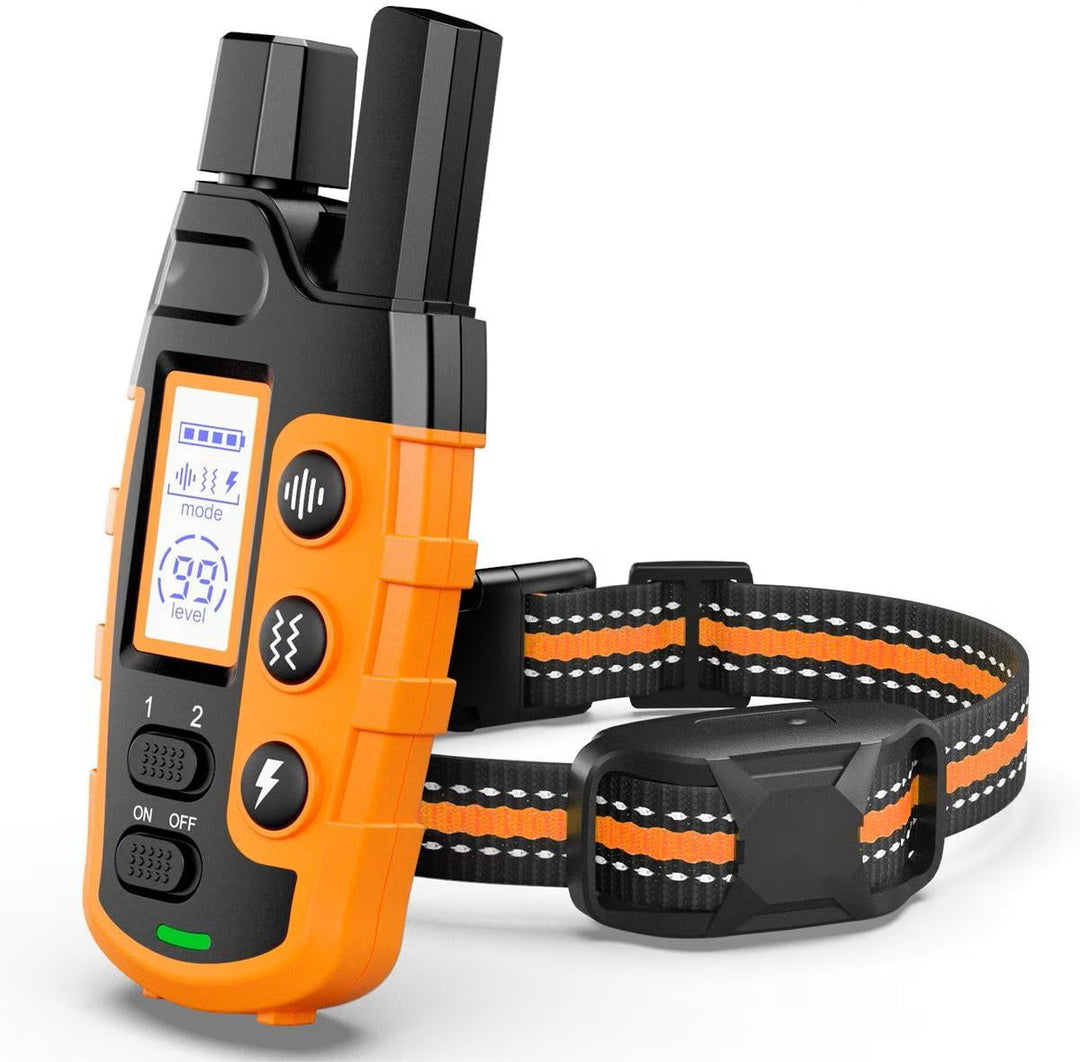 Electric dog training collar remote and receiver unit in orange and black