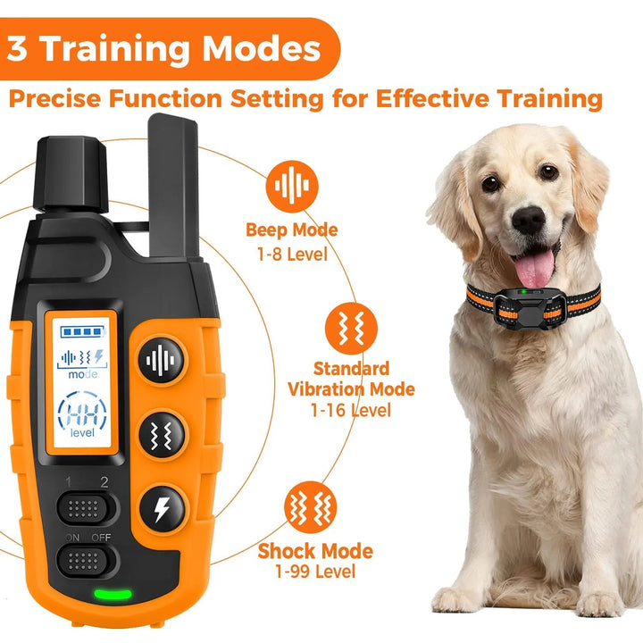 Dog training collar remote interface and training mode diagram next to a golden retriever